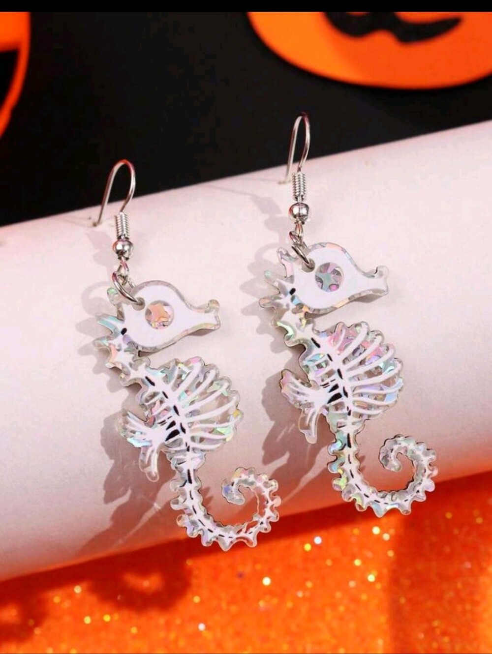 Seahorse Skeleton Drop Earrings - Iridescent Silver Finish